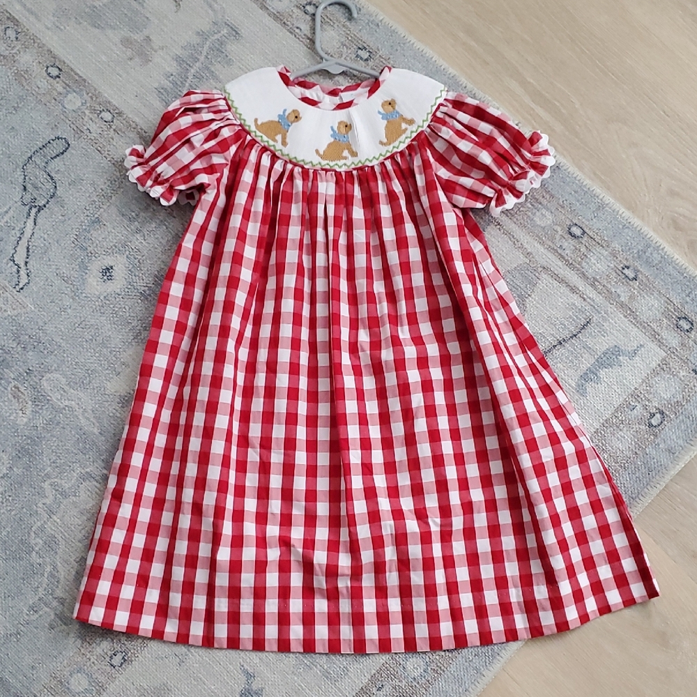 Stitchy Fish Girls Embroidered Lovable Lab Smocked Bishop Dress Red Sz4T